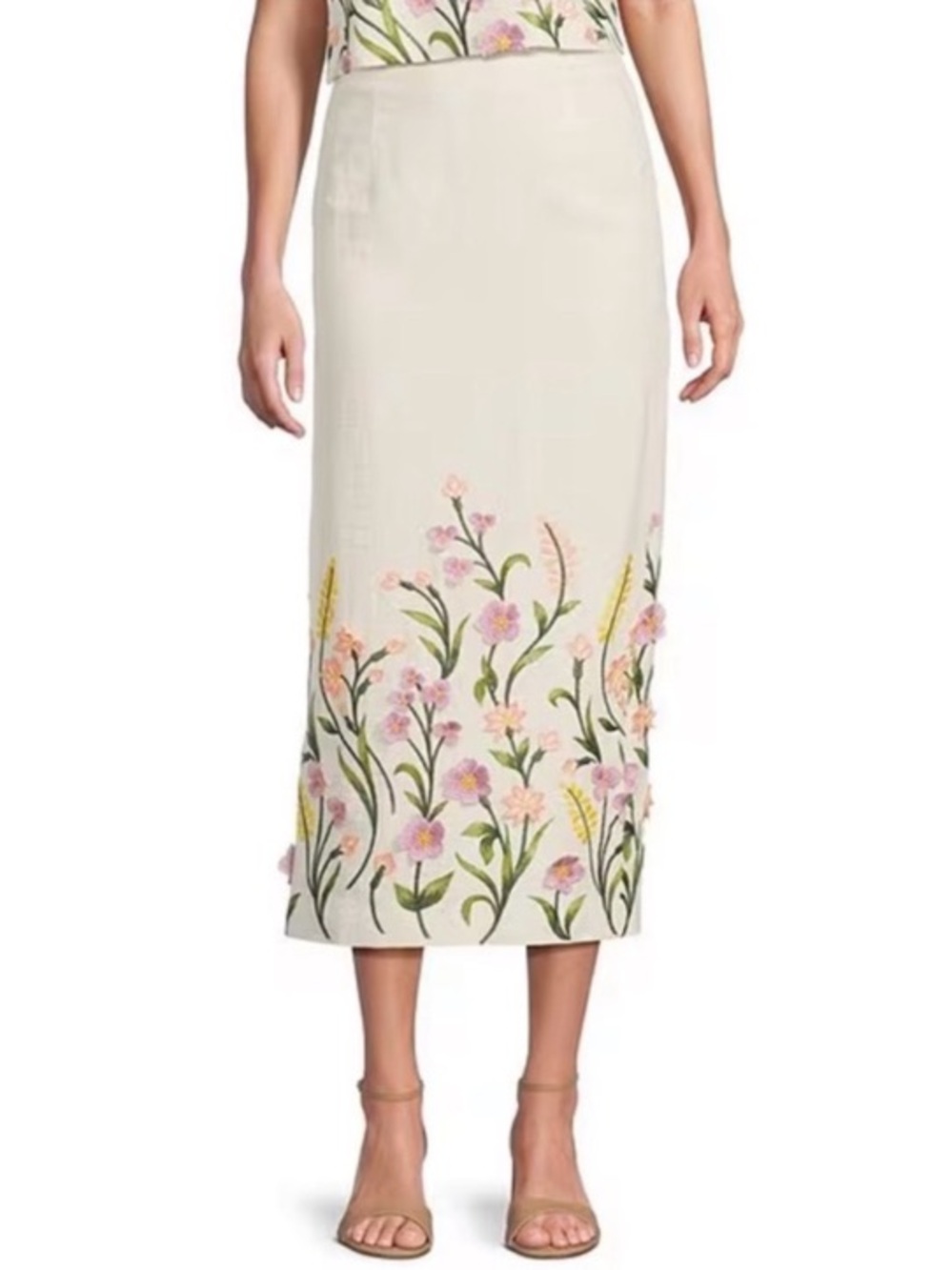 ANTONIO MELANI Riviera 3D Floral Appliqué Linen Midi Skirt NWT